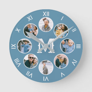 Monogram Photo Collage Roman Numbers Blue Round Clock