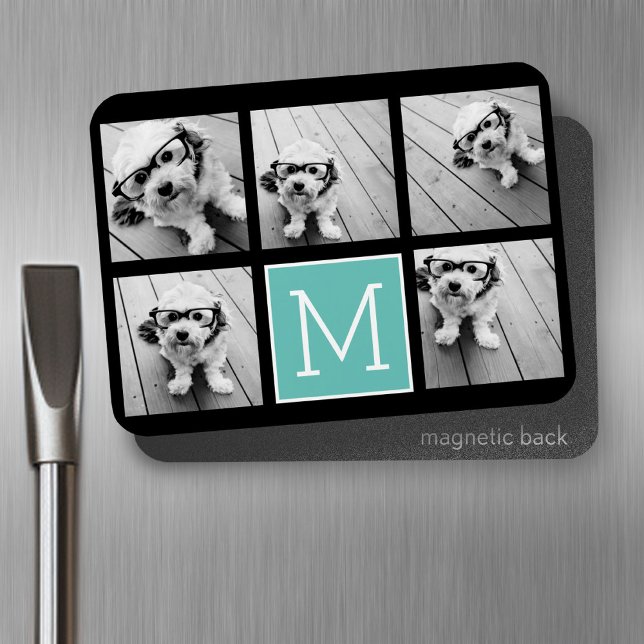 Monogram Photo Collage - Up to 5 photos Black Magnet (Personalized fridge magnet - add photos and custom text)