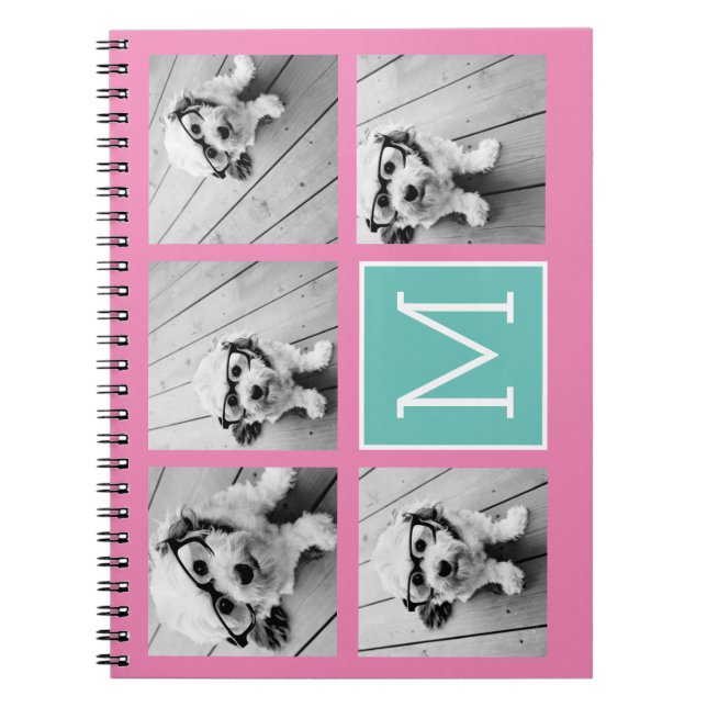 Monogram Photo Collage - Up to 5 photos Pink Notebook (Front)