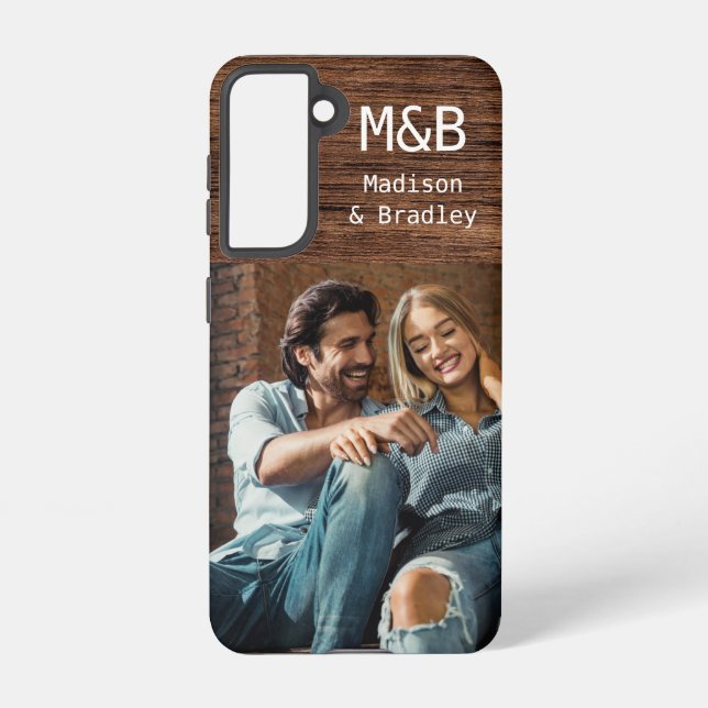 Monogram Photo Couple Wood Personalised Name Samsung Galaxy S21 Case (Back)