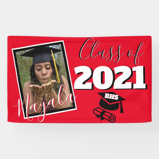Monogram & Photo Graduation Custom Color Red Banner (Horizontal)