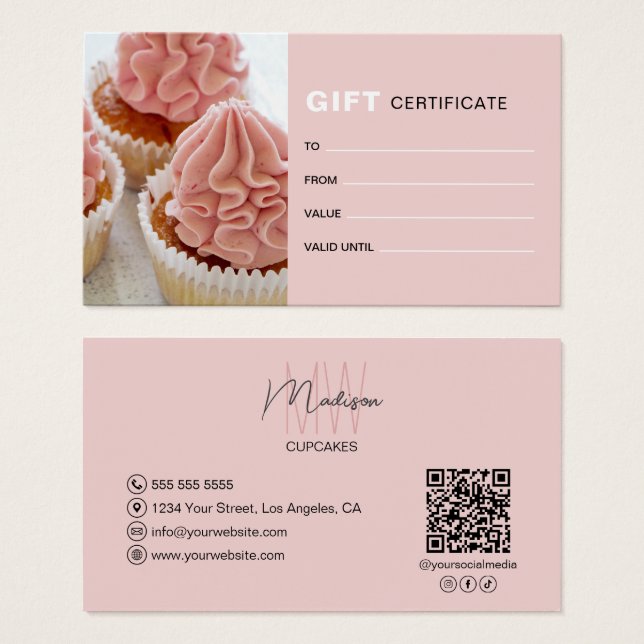 Monogram Photo QR Bakery Business Gift Certificate (Front & Back)