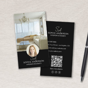 Monogram Photo QR Black Interior Designer Business Card