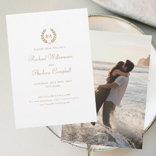 Monogram Photo Save the Date Wedding Gold White Invitation