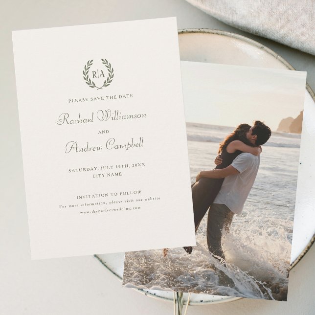 Monogram Photo Save the Date Wedding Green Cream Invitation (Creator Uploaded)