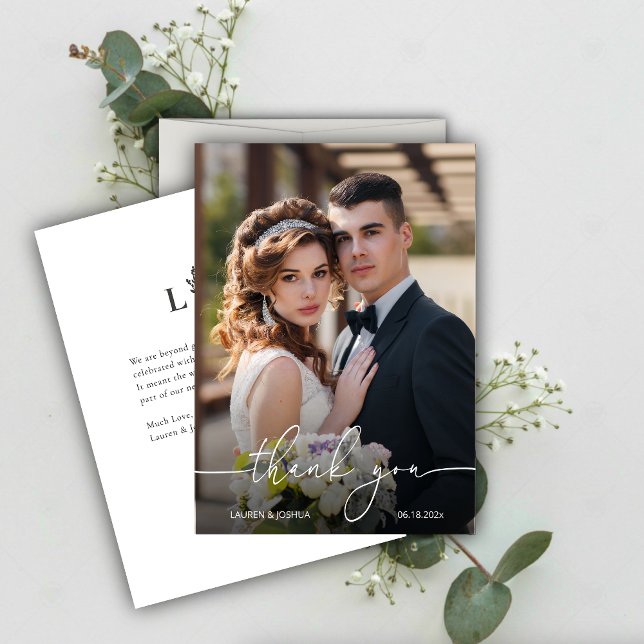 Monogram Photo Script Wedding Thank You Card (Creator Uploaded)