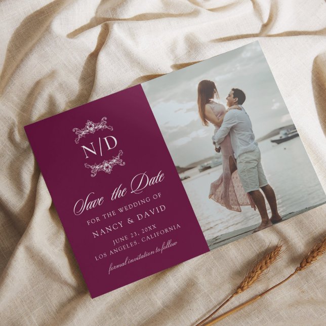 Monogram Photo Wedding Burgundy  Save The Date (Creator Uploaded)