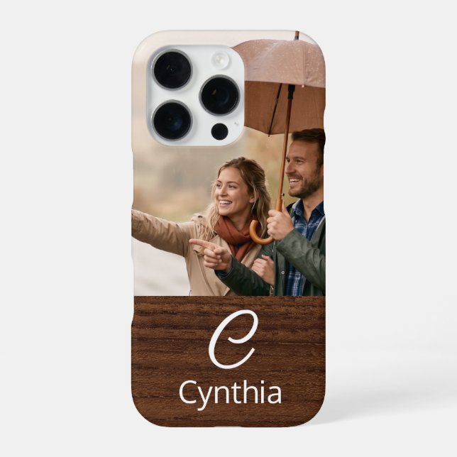 Monogram Photo Wood Grain Personalised iPhone Case (Back)