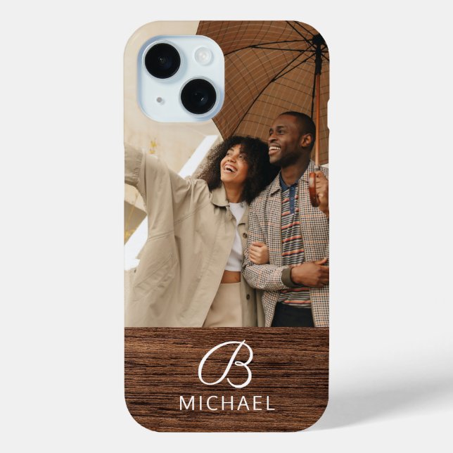 Monogram Photo Wood Grain Timber Personalised Name Case-Mate iPhone Case (Back)