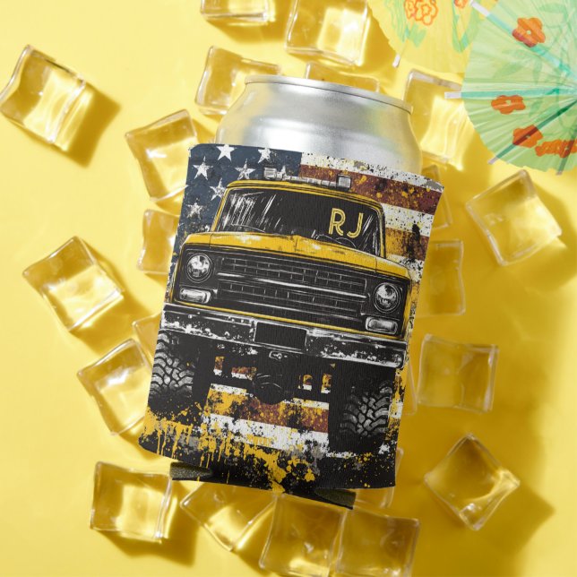 Monogram Pick Up Truck Flag Grunge Can Cooler (In Situ Summer)