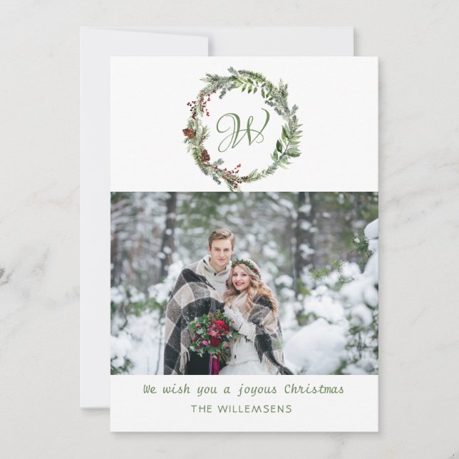 Monogram Pine Wreath Christmas Photo Holiday Card (Front)
