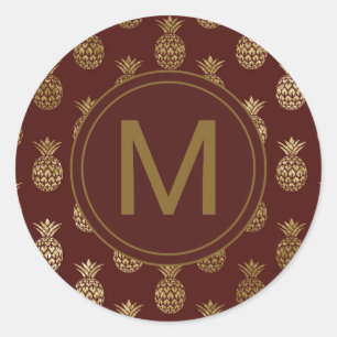Monogram   Pineapple Gold Burgundy Classic Round Sticker