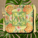 Monogram Pineapples Flowers Greenery Paper Plate<br><div class="desc">Your monogram accents the watercolor pineapples,  tropical flowers and greenery on a soft pale green background,  these paper plates are available in several sizes and styles. MATCHING items in our store.</div>