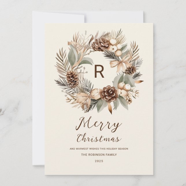 Monogram Pinecone Winter Wreath  Merry Christmas Holiday Card (Front)