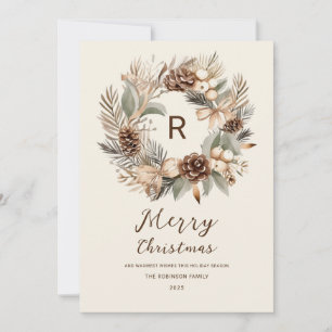 Monogram Pinecone Winter Wreath  Merry Christmas Holiday Card