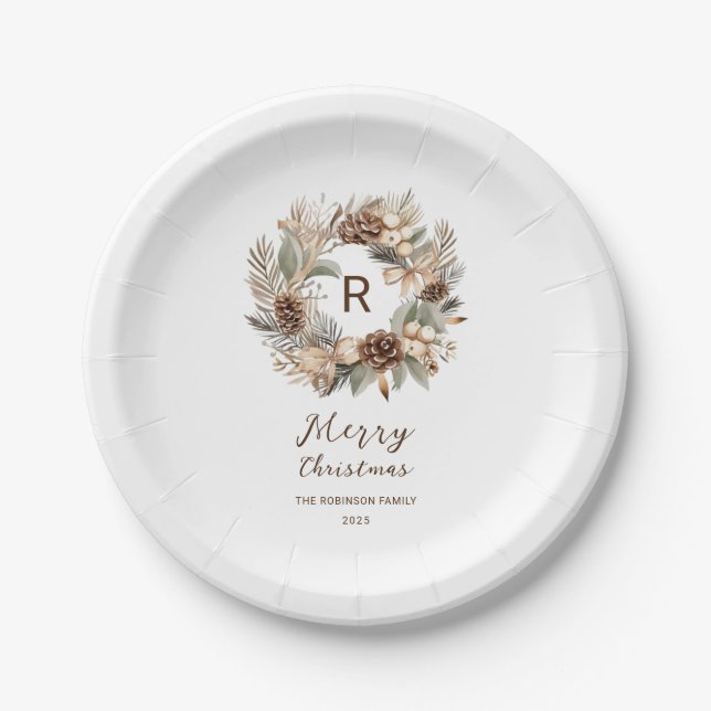 Monogram Pinecone Winter Wreath  Merry Christmas Paper Plate (Front)