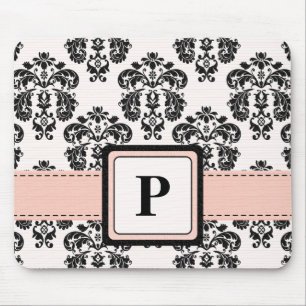 Monogram Pink and Black Damask Mouse Pad