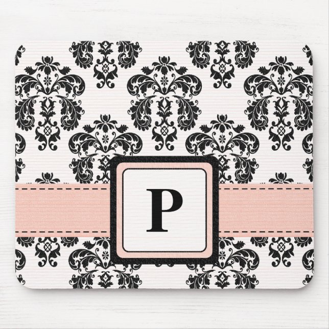 Monogram Pink and Black Damask Mouse Pad (Front)