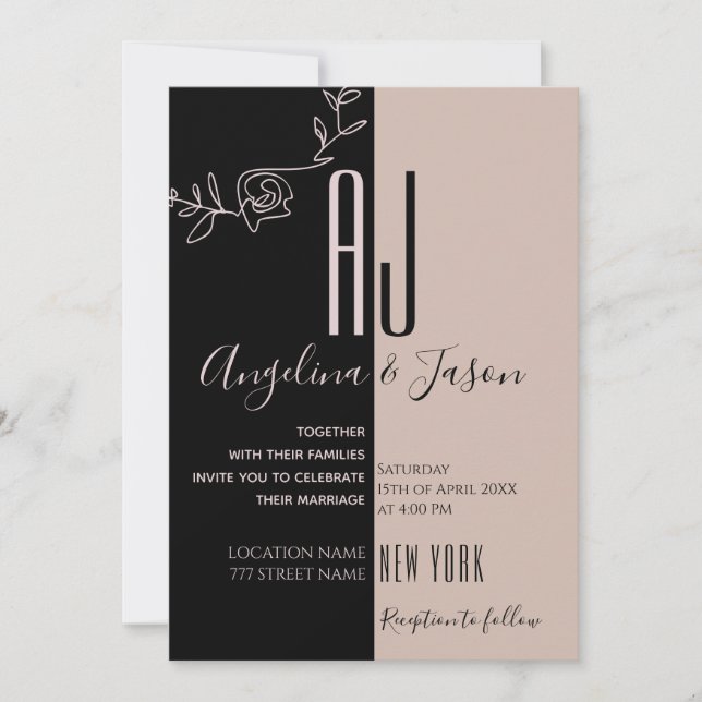 Monogram Pink and Black Wedding Invitation (Front)