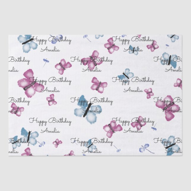Monogram Pink and Blue Butterfly Tissue Paper (Front)