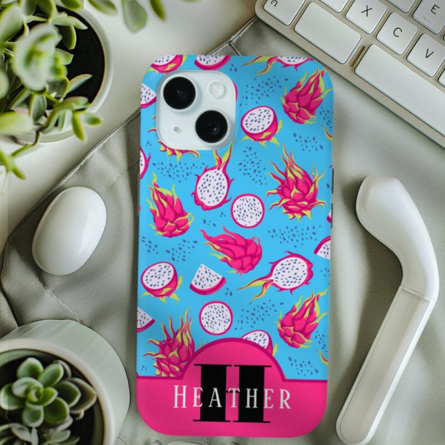 Monogram Pink and Blue Dragon Fruit Pattern Custom Case-Mate iPhone Case (Tropical Pink and Blue Dragon Fruit Monogram Case-Mate iPhone Case)