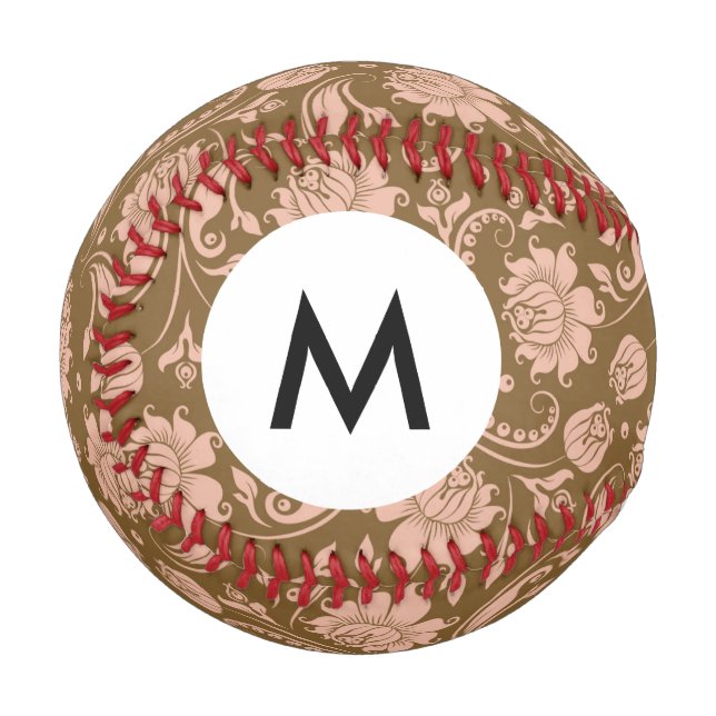 Monogram Pink and Brown Floral Pattern Baseball (Front Left)