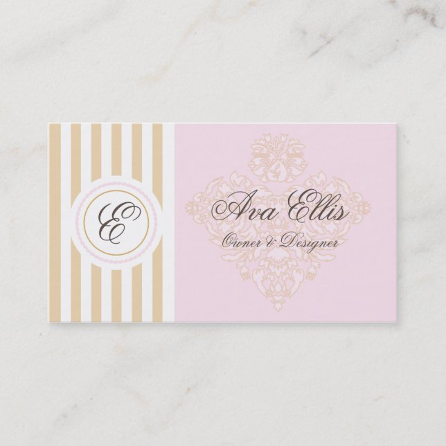 Monogram Pink and Gold Damak Business Card (Front)