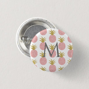 Monogram Pink and Gold Glitter Pineapple 3 Cm Round Badge