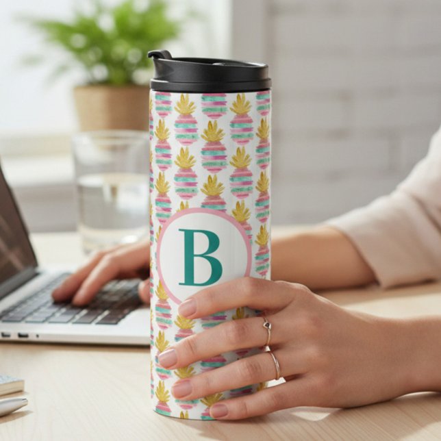 Monogram Pink and Gold Glitter Pineapple Thermal Thermal Tumbler (Creator Uploaded)