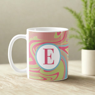 Monogram Pink and Green Abstract Swirl Mug