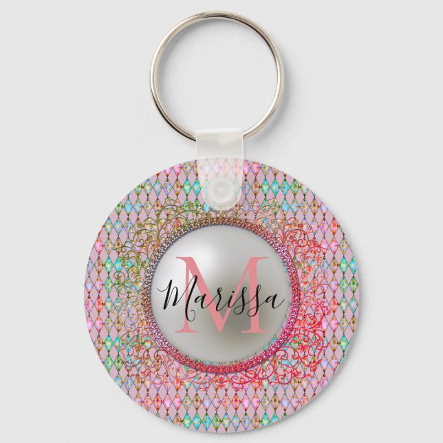 Monogram Pink and Green Harlequin  Key Ring (Front)