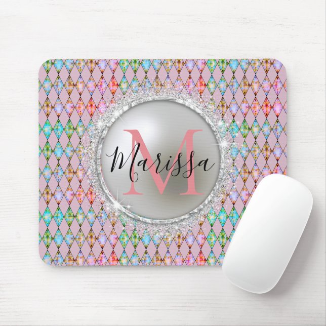 Monogram Pink and Green Harlequin   Mouse Mat (With Mouse)