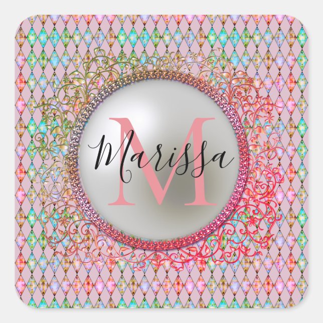 Monogram Pink and Green Harlequin   Square Sticker (Front)