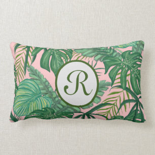 Monogram pink and green leaf pillow