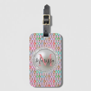 Monogram Pink and Green Pastels Harlequin Luggage Tag