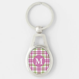 Monogram Pink and Green Tartan Pattern Key Ring