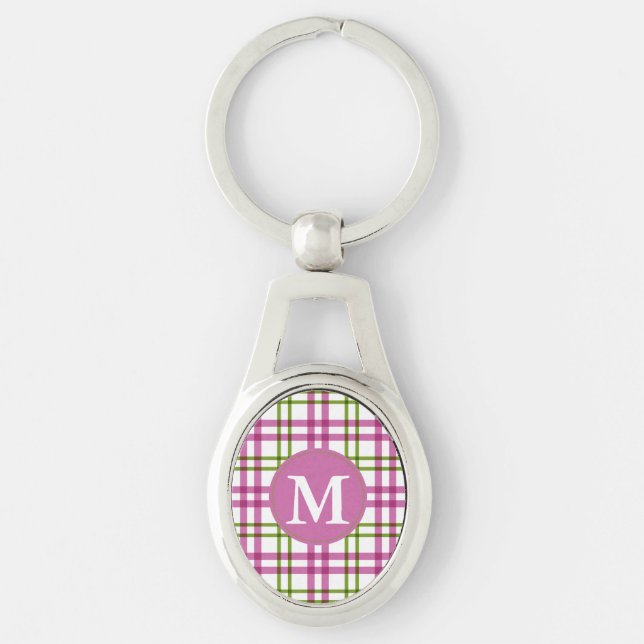 Monogram Pink and Green Tartan Pattern Key Ring (Front)