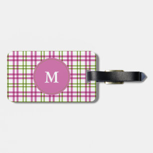 Monogram Pink and Green Tartan Pattern Luggage Tag