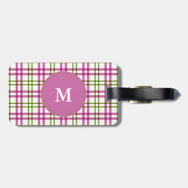 Monogram Pink and Green Tartan Pattern Luggage Tag (Back Horizontal)