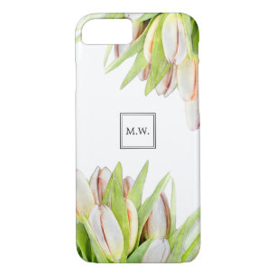 Monogram Pink and Green Tulips Watercolor iPhone 8/7 Case