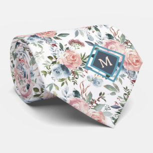 Monogram Pink and Ice Blue Roses Neck Tie