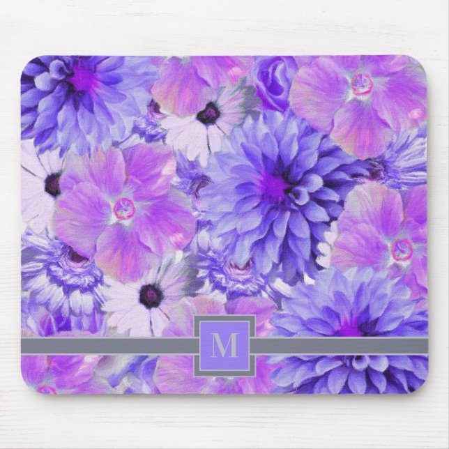 Monogram Pink and Purple Painted Floral Mouse Mat (Front)