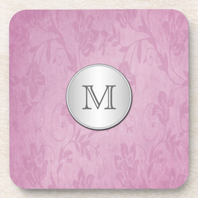 Monogram Pink and Silver Damask Coaster Set (6) (Front)