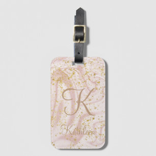 Monogram Pink and White Marble Swirl Gold Glitter Luggage Tag