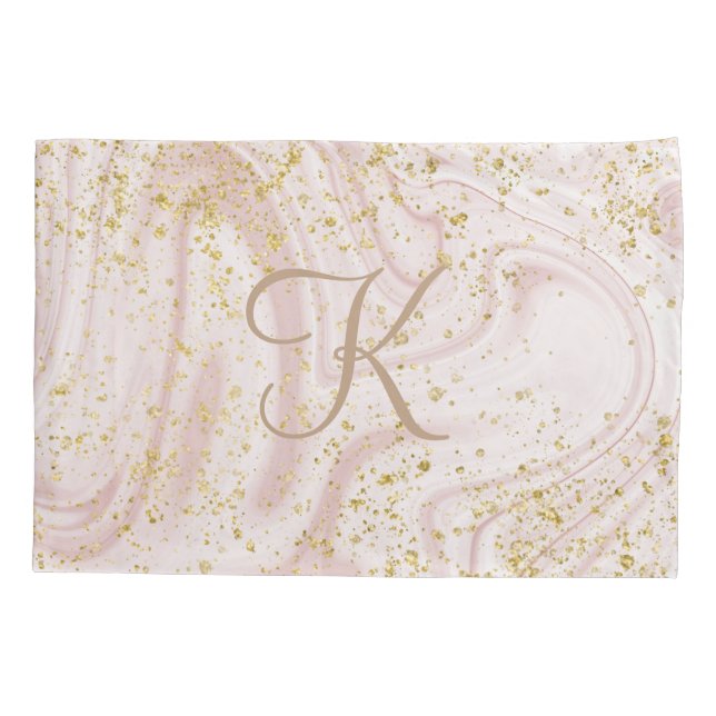 Monogram Pink and White Marble Swirl Gold Glitter Pillowcase (Back)