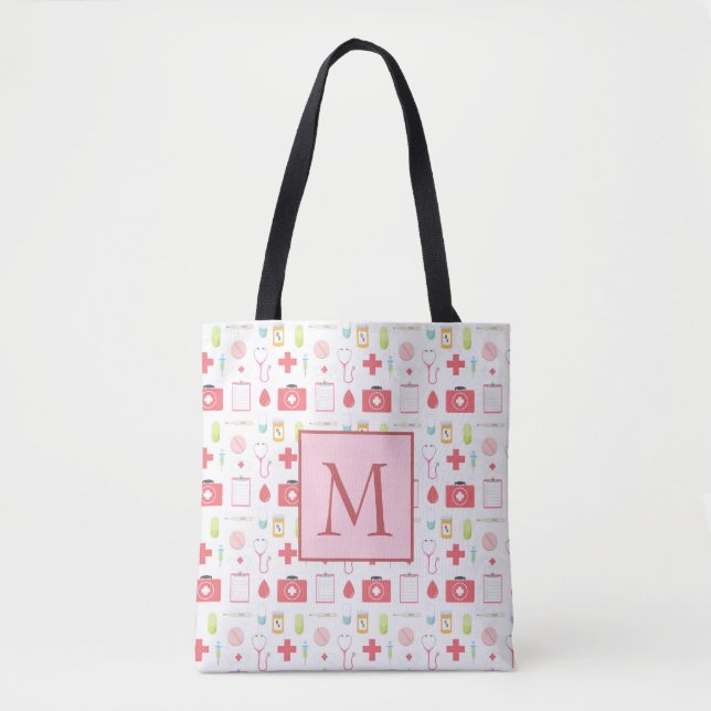 Monogram Pink and White Nurse Tote Bag (Front)