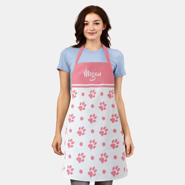 Monogram Pink and White Paw Prints and Polka Dots Apron (Worn)