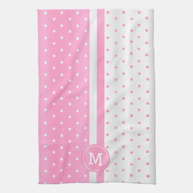 Monogram Pink and White Polka Dot Tea Towel (Vertical)