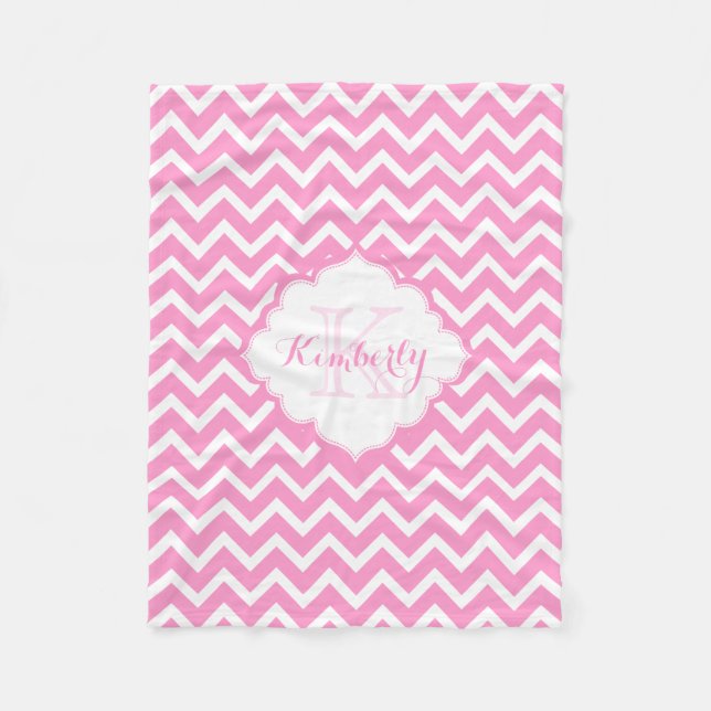 Monogram Pink And White Zigzag Chevron Fleece Blanket (Front)