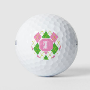 Monogram Pink Argyle Preppy Golf Balls